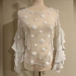 UPS & DOWNS - Women's Sz S Retro White Mesh w/ Puff Dots, Ruffle Sleeve Shirt